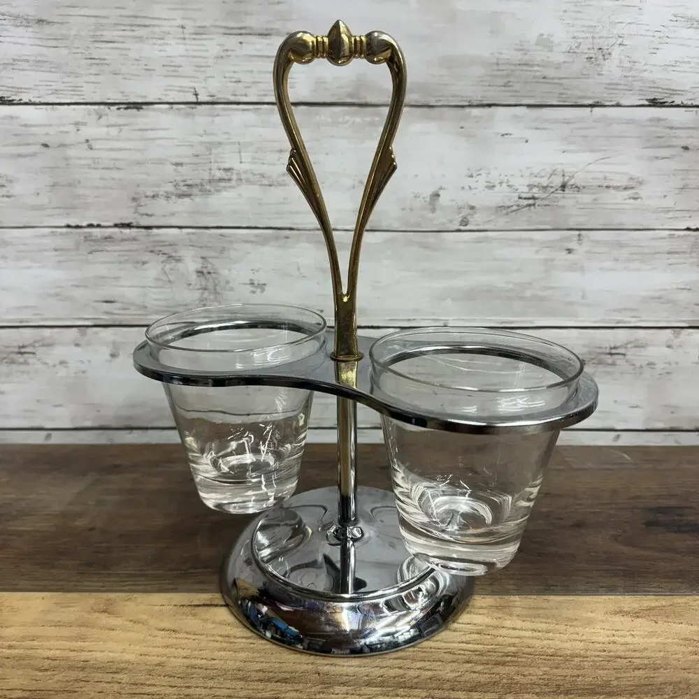 Vintage Kromex Chrome & Brass 3 Piece Condiment Caddy, Handle